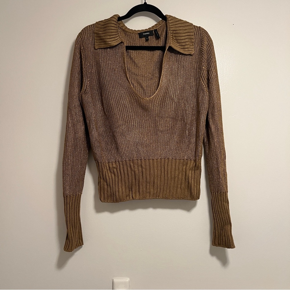 Theory Bronze Back Collar Long Sleeve V Neck Sweater XL